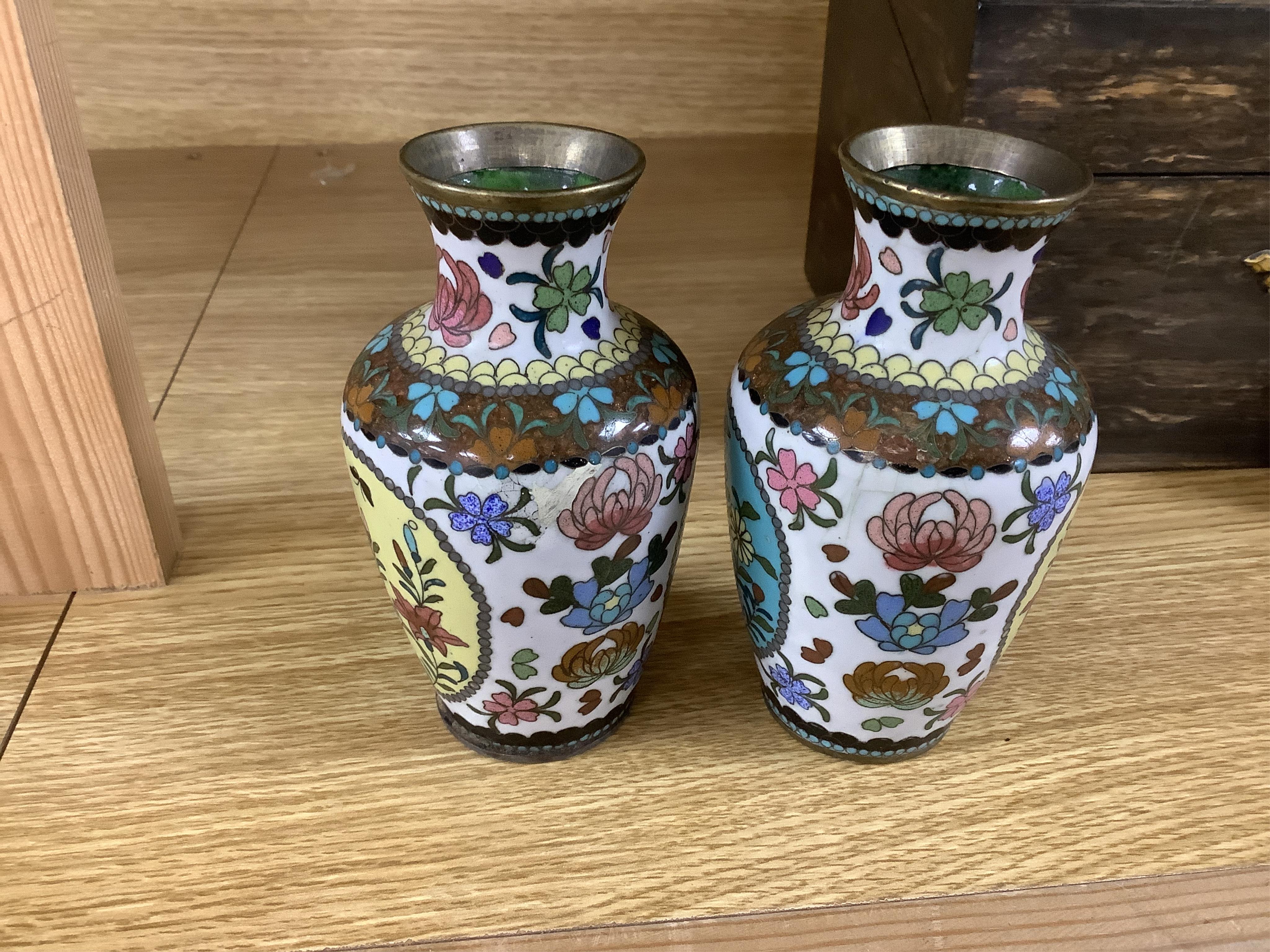 A collection of Japanese cloisonne vases to include a small ‘crane’ dish, together with a lacquered box, largest 12.5cm high. Condition - mostly fair/good